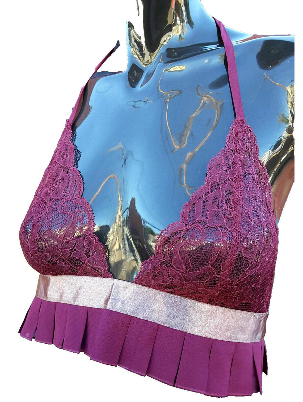 Frederick's of Hollywood Halter Lace Burgundy Rose Sexy Small Nylon Top Lingerie